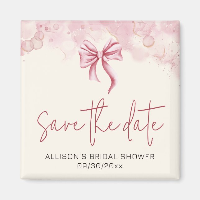 Imã Elegant Pink Bow Save the Date Bridal Shower (Frente)