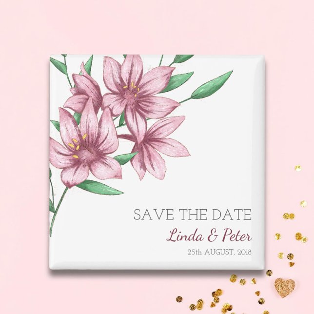 Imã Elegant Pink Lily Wedding Save the Date (Criador carregado)