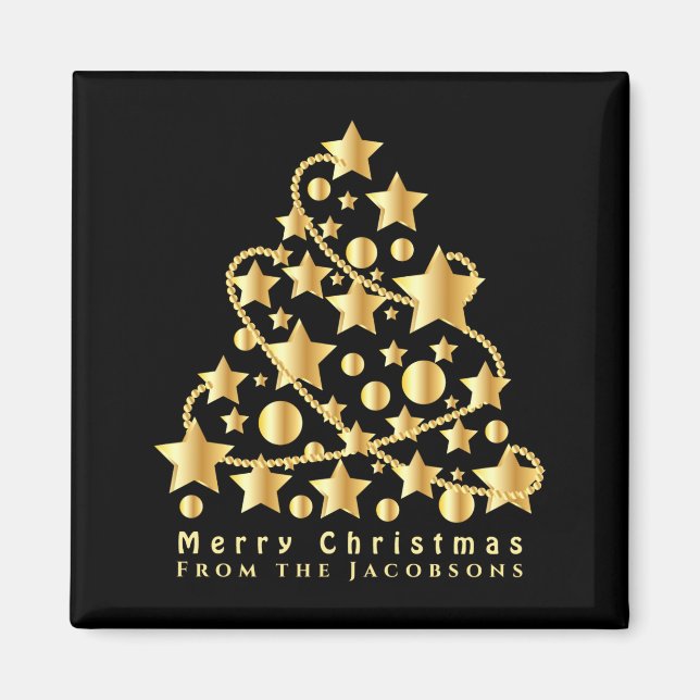 Imã Elegant Script Feliz Natal Estrela Dourada Preta T (Frente)