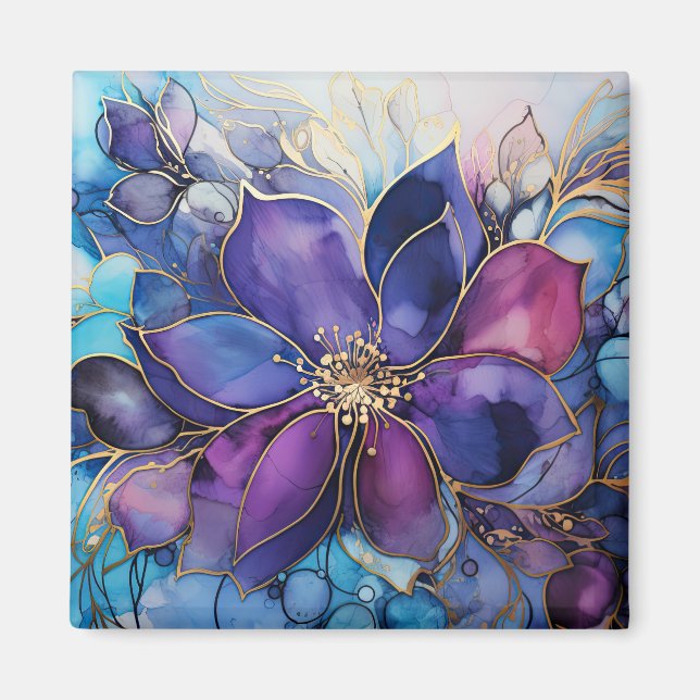 Imã Elegant Stained Glass Purple & Blue Floral Magnet (Frente)