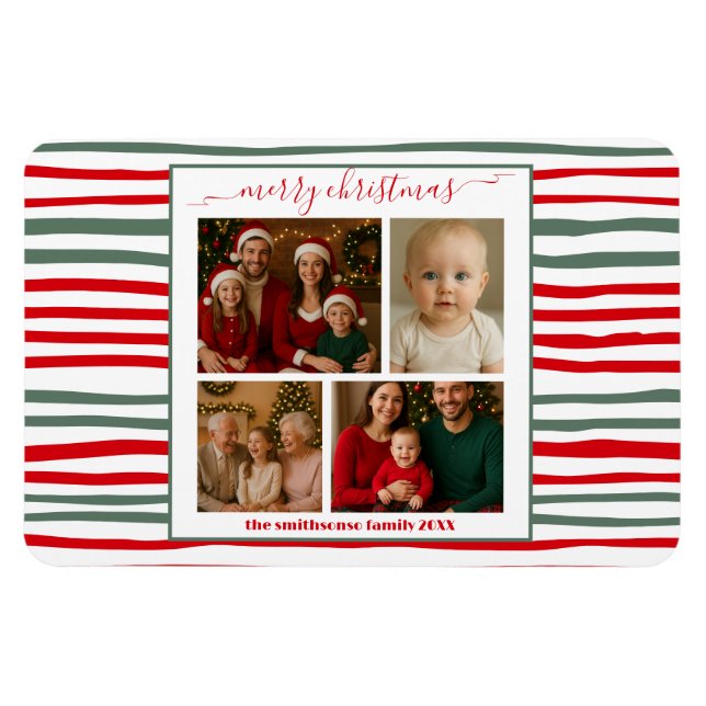 Ímã Elegant Stripe family Photo merry Christmas modern (Horizontal)