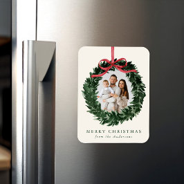 Ímã Elegant Watercolor Wreath with Bow Christmas Photo