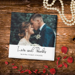 Imã Elegant Wedding Love and Thanks Photo<br><div class="desc">Share your gratitude with this elegant “Love and Thanks” wedding magnet. The front features your favorite wedding photo along with your personalized names and date, creating a keepsake your guests will treasure. A perfect small thank-you gift that’s both stylish and meaningful ideal for fridges, boards, or any special place that...</div>