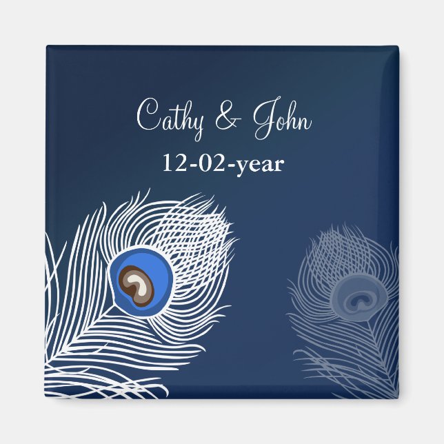 Imã Elegant white and blue peacock save the date (Frente)