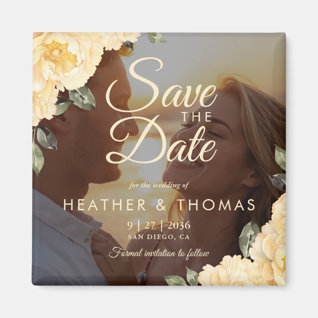 Imã Elegant Yellow Floral Photo Save The Date Magnet (Frente)