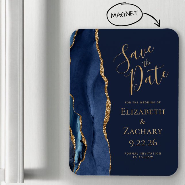 Ímã Elegante Ágata Azul Marinho Dourado Salve a Data (Criador carregado)
