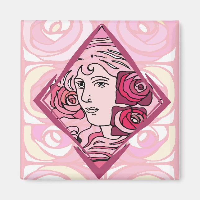 Imã Elegante Art Nouveau Rosa Mulher (Frente)