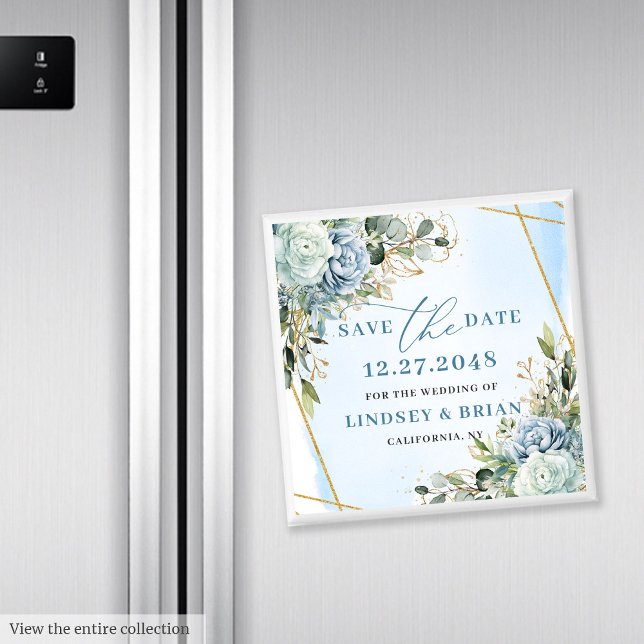 Imã Elegante Boho Azul Empoeirado Floral Dourado Salve (Elegant Dusty Blue Floral Gold Save The Date Magnet

)