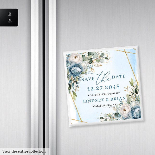 Imã Elegante Boho Azul Poênio Floral Poênia Save the (Elegant Dusty Blue Peony Floral Save the Date Magnet)