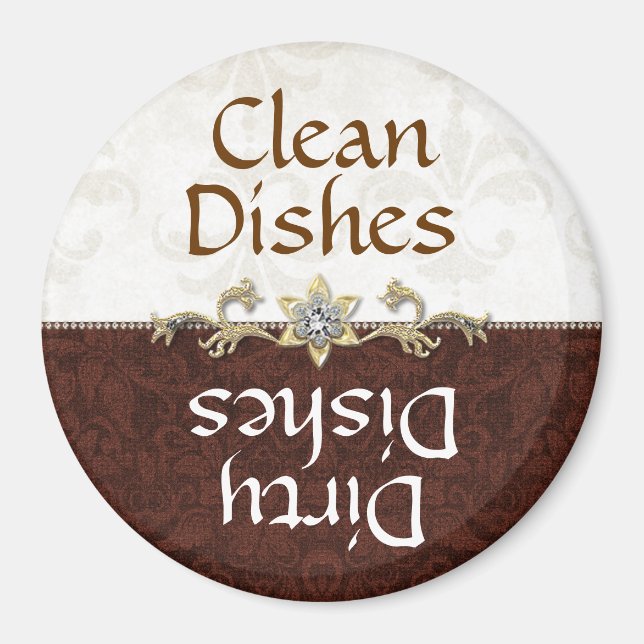 Imã Elegante Brown e Ivory Damask Dishwasher Magnet (Frente)