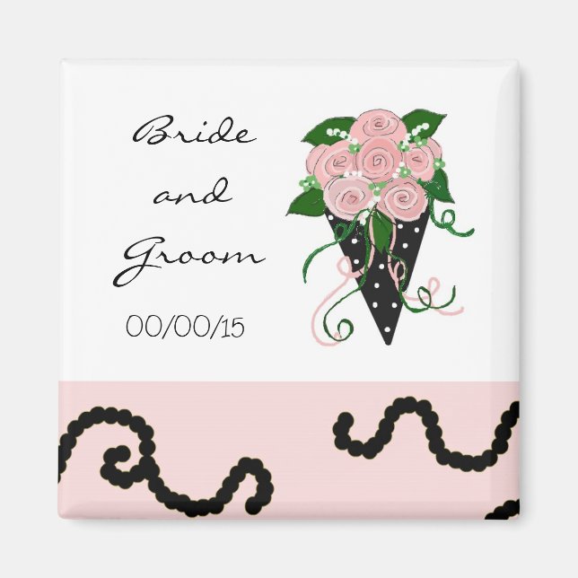Imã Elegante Buquê de Noiva Rosa e Preto (Frente)