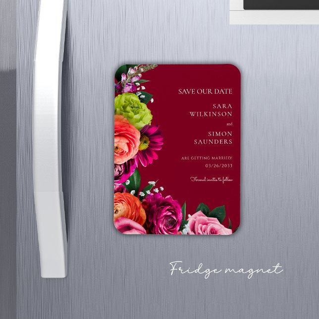 Ímã elegante burgundy floral moderno salve a data (fun burgundy colorful florals save the date fridge magnet)