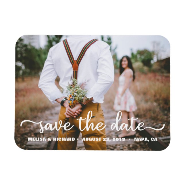 Ímã Elegante Caligrafia Casal Foto Save The Date (Horizontal)