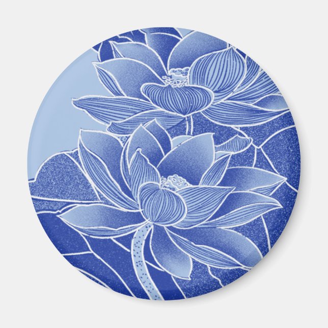 Imã Elegante Chinoiserie Chic Blue Lotus Mandala (Frente)