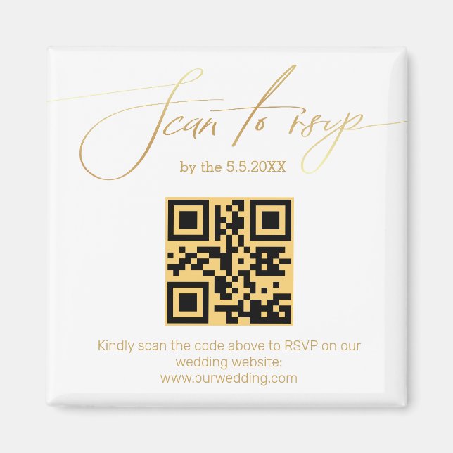 Imã elegante código qr rsvp casamento com letra dourad (Frente)