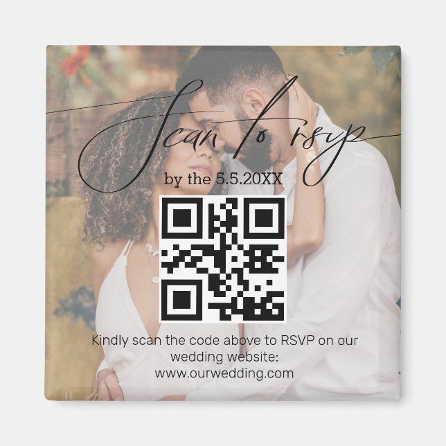 Imã elegante código qr rsvp casamento foto desbotada (Frente)