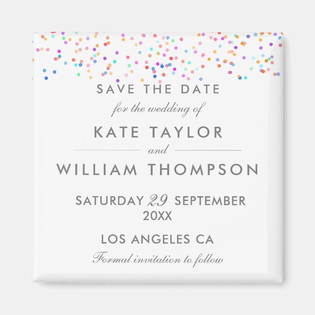 Imã Elegante Confetes de Arco-Íris Save The Date (Frente)