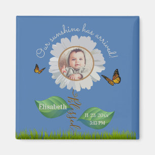 Imã Elegante Daisy Blue Floral Cute Baby Photo e Name