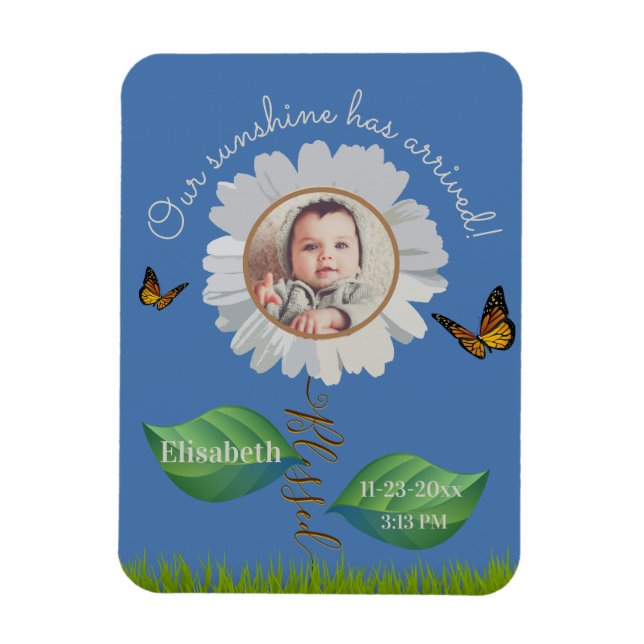 Ímã Elegante Daisy Blue Floral Cute Baby Photo e Name (Vertical)