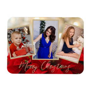 Ímã Elegante Dourada Poinsettia Feliz Natal 3 Fotos