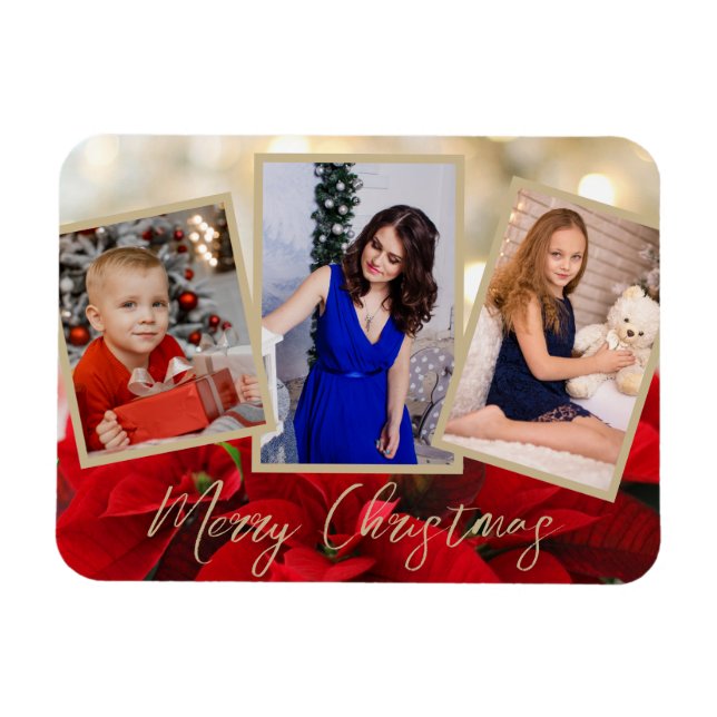 Ímã Elegante Dourada Poinsettia Feliz Natal 3 Fotos (Horizontal)