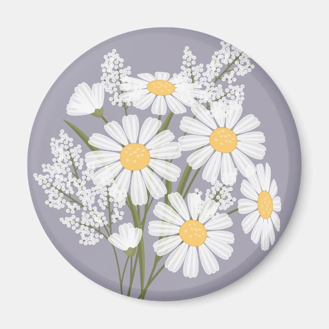 Imã Elegante Floral White Daisies na Lavanda (Frente)