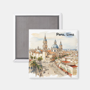 Imã Elegante Lima Peru Aquarela Vista Panorâmica