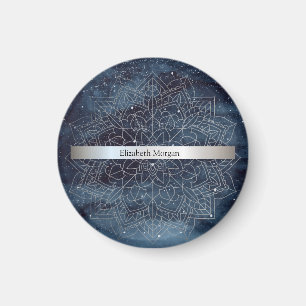 Imã Elegante Mandala Prateado Moderno com Faixa Azul-M
