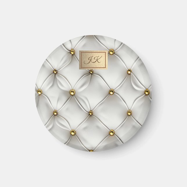 Imã Elegante Moderno Couro Branco Gold Tufted (Frente)