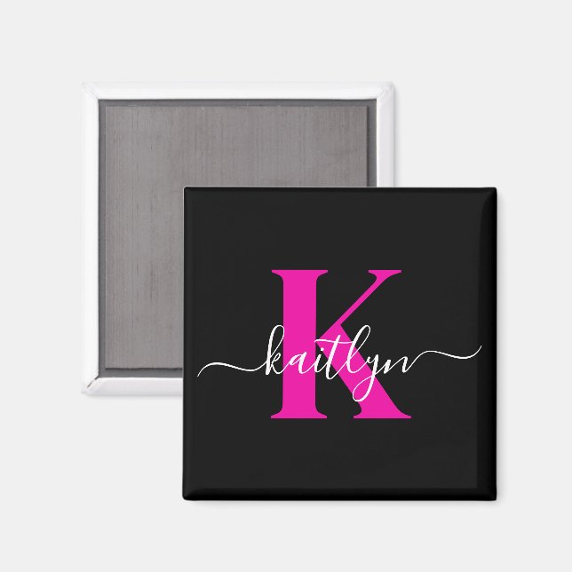 Imã Elegante Monograma de Letra Cursiva Preta e Rosa (Front/Back)