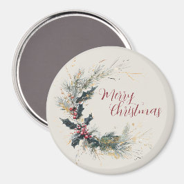 Imã Elegante Pine e Holly Wreath com Destaques Dourado
