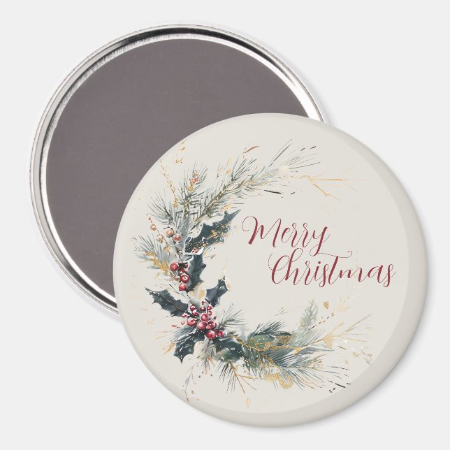 Imã Elegante Pine e Holly Wreath com Destaques Dourado (Front/Back)