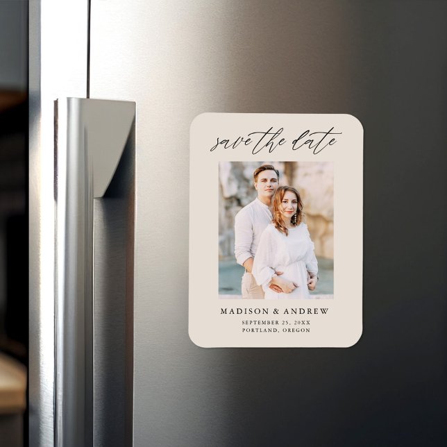 Ímã Elegante Roteiro Creme Foto Salvar Data (Criador carregado)