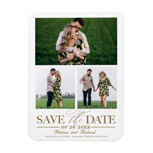 Ímã Elegante Salva a Data de Casamento com 3 Fotos em 