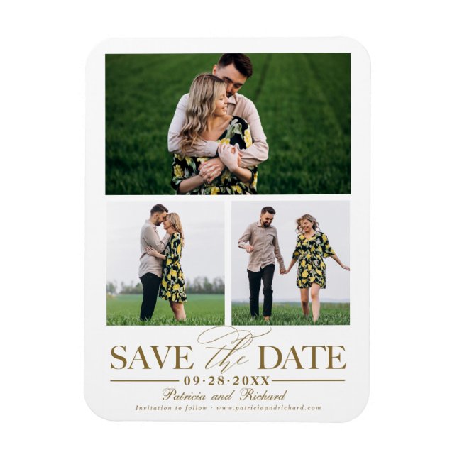 Ímã Elegante Salva a Data de Casamento com 3 Fotos em  (Vertical)