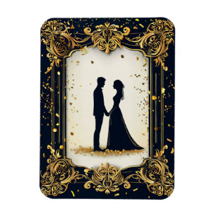 Ímã Elegante Silhueta de Casamento com Moldura Dourada