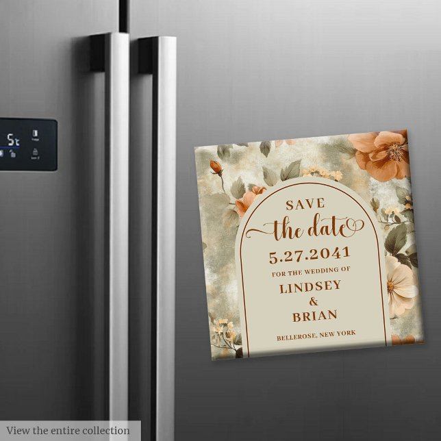 Imã Elegante Terracota Marfim Floral Sage para Salvar  (The most trendy wedding color scheme is terracotta, and this elegant boho Save the Date magnet captu)