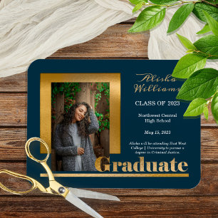 Ímã Elegante Texto Dourado Graduado 1 Foto Dk Verde-ág