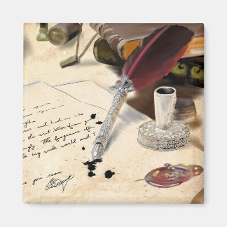 Imã Elegante vintage, caneta vermelha de pena e tinta