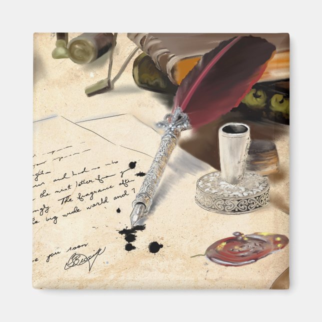 Imã Elegante vintage, caneta vermelha de pena e tinta (Frente)
