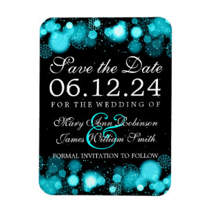 Ímã Elegante Winter Save The Date Turquoise Lights