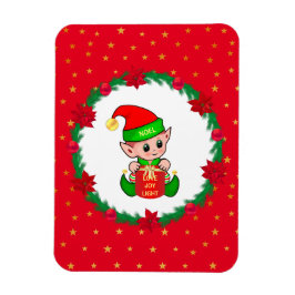 Ímã elfo de Natal, grinalda de pinheiro, poinsettias e