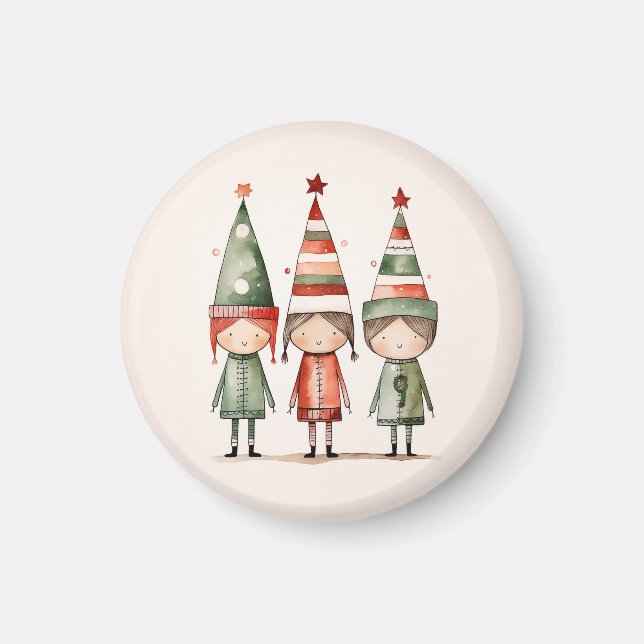 Imã Elfos de Natal em Chapéus Festivos (Frente)