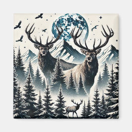 Imã Elk em uma Floresta Mística sob uma Montanha Lua
