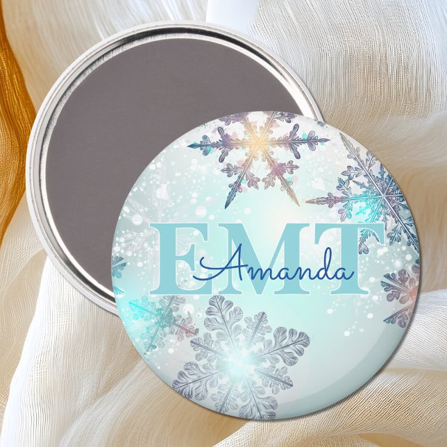 Imã EMT Ice Blue Snowflake Personalized Name  (Criador carregado)