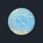 Imã Encantando Mandala com Monograma de Estrelas Doura<br><div class="desc">Um elegante lótus ornamentado de ouro mandala em um pano de fundo azul turquesa com estrelas douradas a chover para baixo onde no fundo está a cobertura dourada para um brilho extra. Vibrações de na moda bicho. Pode ser personalizado com uma letra e um nome ou logotipo no centro em...</div>