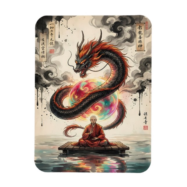 Ímã Encontro Sereno: Monge e o Dragão Celestial (Vertical)