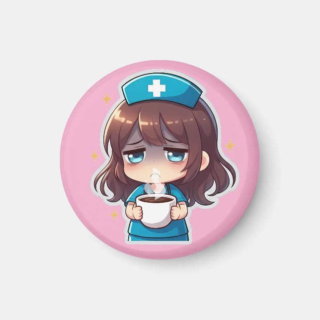 Imã Enfermeira Chibi Original - Café com Cansaço (Frente)