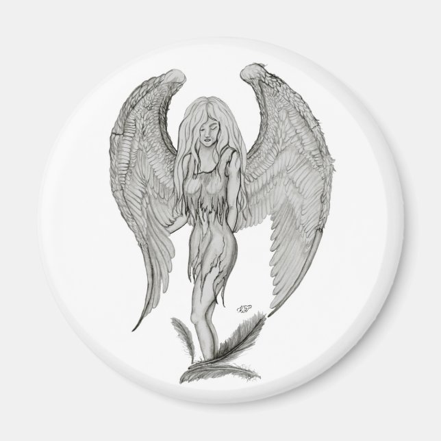 Imã Engel Bleistiftzeichnung Design preto e branco (Frente)
