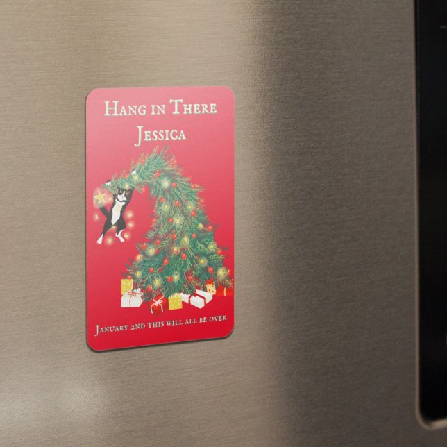 Ímã Engraçada Gato na Árvore de Natal (Funny Sarcastic encouragement Hang In there Cat in Christmas Tree Custom Christmas Magnet)